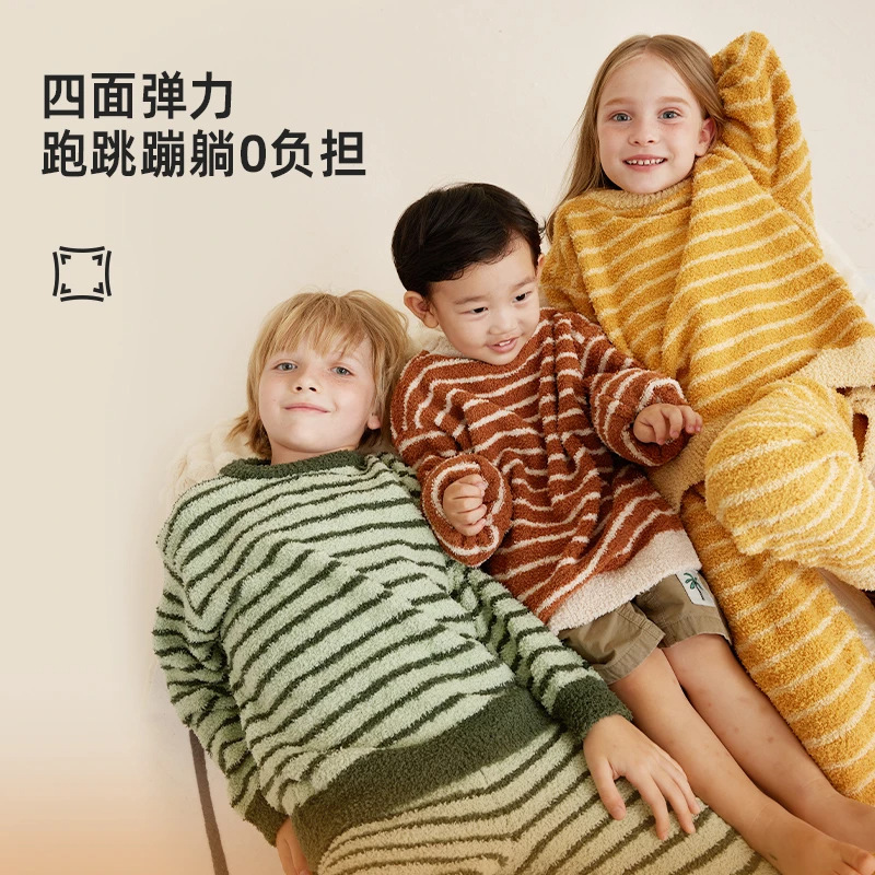 儿童秋冬新款时尚珊瑚绒睡衣条纹韩版家居服加绒加厚分体亲子套装