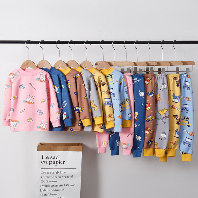 男童保暖内衣套装女童加绒加厚秋衣秋裤冬季中大儿童小孩中领睡衣