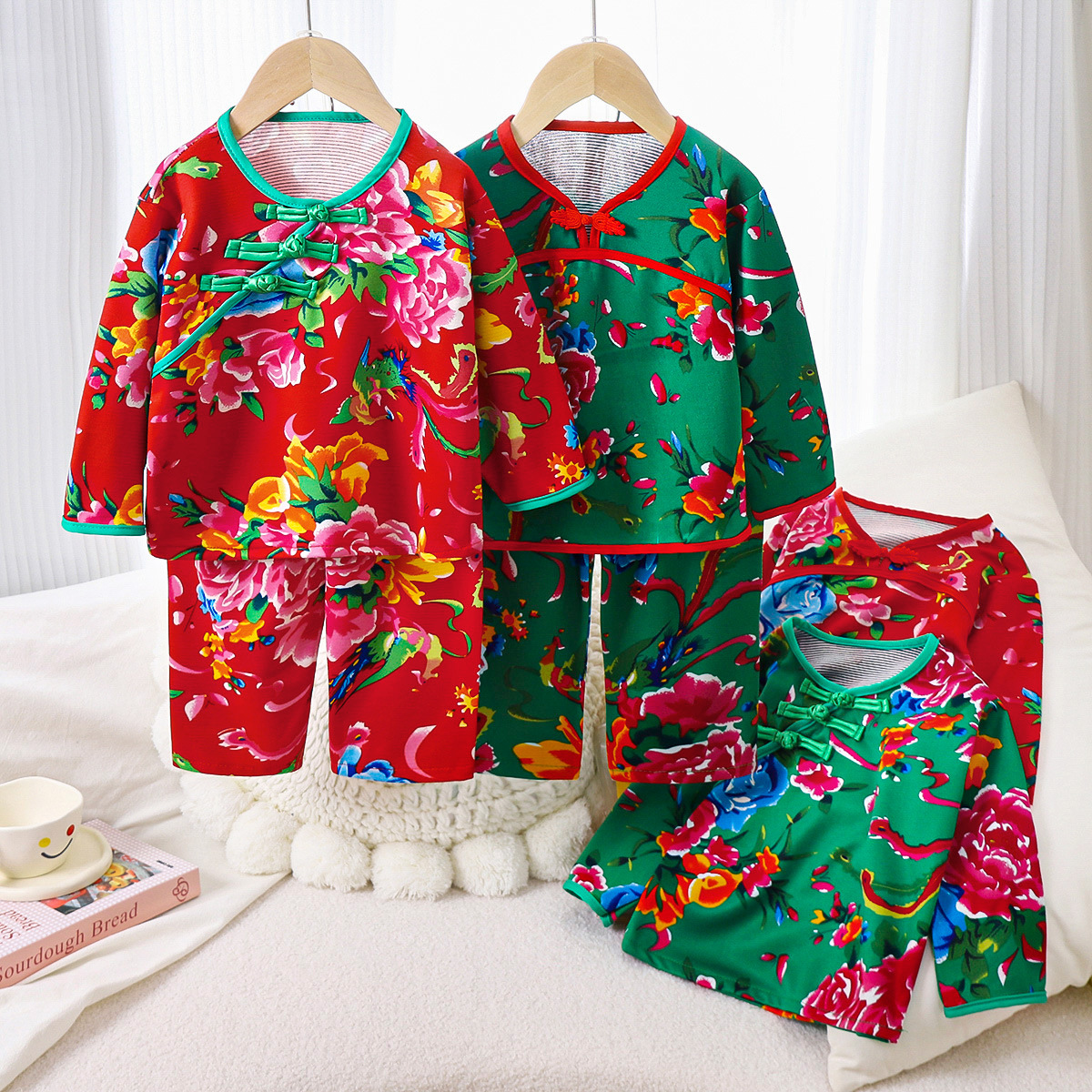 秋款家居服冬季睡衣厚内衣儿童宝宝套装新中式女童中小童东北大花