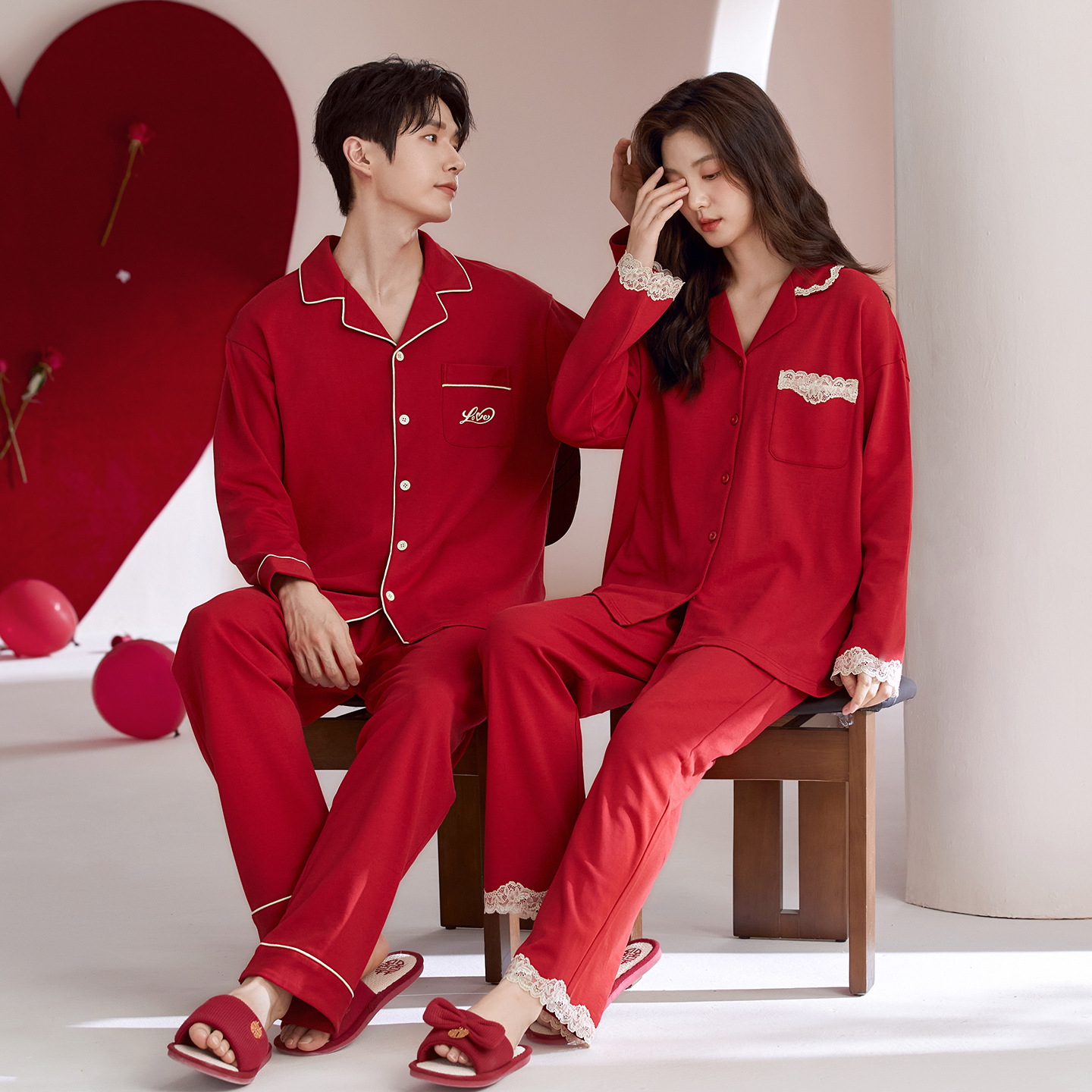 红色本命年男女士睡衣结婚新婚情侣套装新款春秋季纯棉长袖家居服