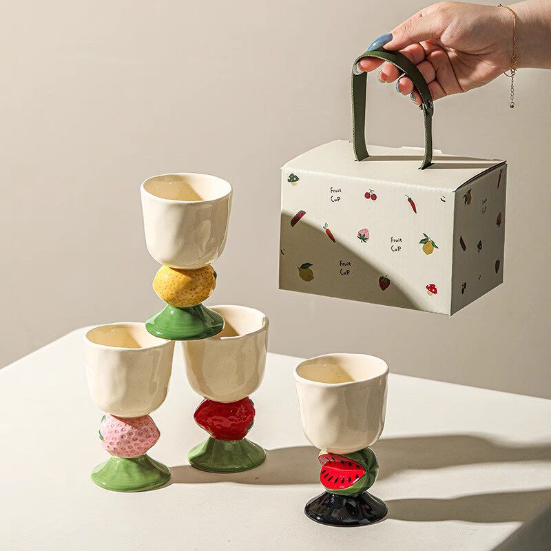 水果高脚杯可爱杯子香薰杯马克杯手绘釉下彩杯子冰淇淋陶瓷杯礼盒