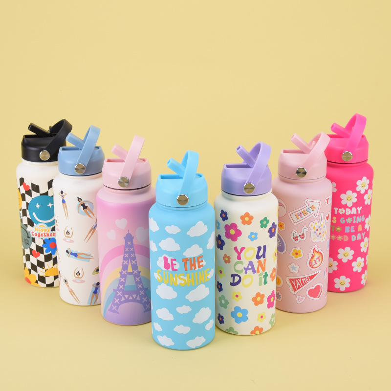 2025新款运动水壶不锈钢1L大容量印刷大口保温杯提手吸管水杯