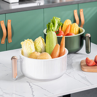家用双层沥水篮 塑料大号轻奢洗菜篮水果盘带折叠削皮刀
