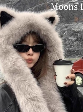 Moons Lee狐狸耳朵毛绒帽子围巾一体女秋冬季保暖加绒护耳雷锋帽