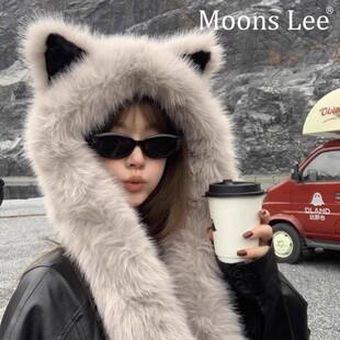 Moons Lee狐狸耳朵毛绒帽子围巾一体女秋冬季保暖加绒护耳雷锋帽