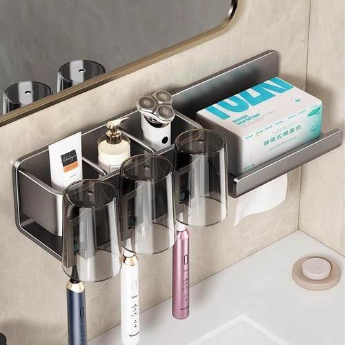 牙刷架子置物架免打孔壁挂漱口杯卫生间牙杯洗脸巾一体电动牙刷架