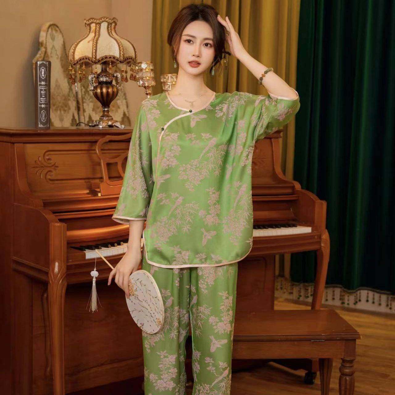 睡衣女中式国风丝绸七分袖家居服阳离子复古仿真丝古风,女士内衣/男士内衣/家居服,睡袍/浴袍,淘宝优惠券,粉丝福利购,淘宝优惠卷