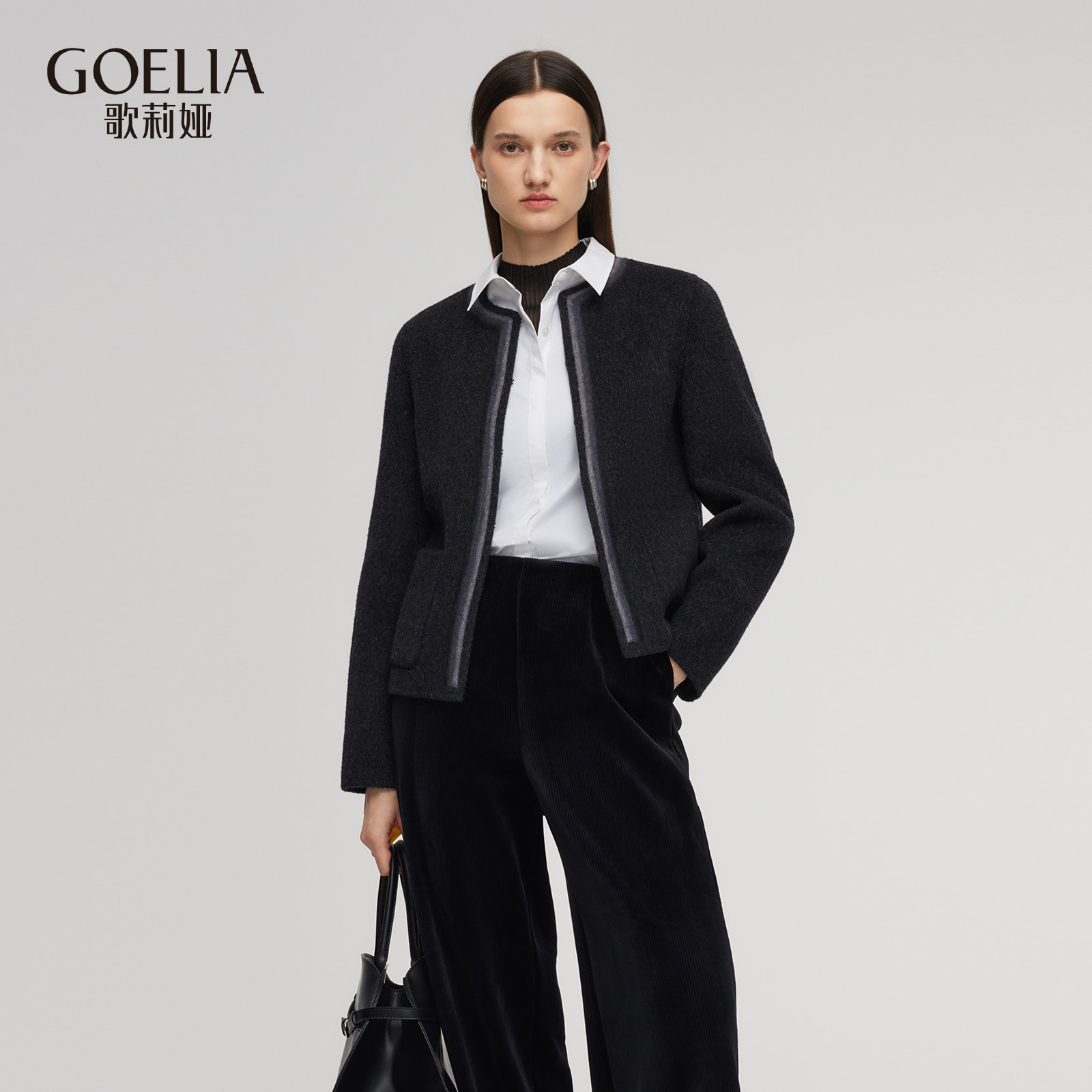 歌莉娅冬季新品装饰毛毡边对襟短毛呢外套1ENL6N750