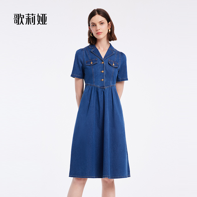 西装领收腰牛仔连衣裙