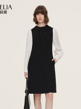 歌莉娅春季新品精纺羊毛拉夫领连衣裙（配送飘带）1F1L4K780