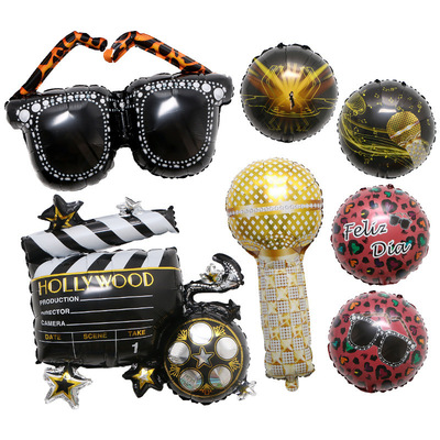 Leopard patterned glasses, aluminum foil balloons, loud camera singing, retro birthday themed party decoration, aluminu