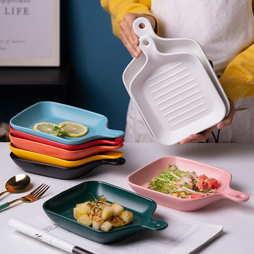 Home Creative Matte Ceramic Baking Plate Nordic Tableware Fruit Salad Plate Bowl Underglaze Color Handle Square Handle