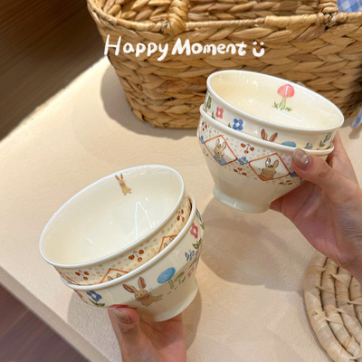 Underglaze Cute Rabbit Rice Bowl Soup Bowl Breakfast Bowl Deep Bowl 5-inch Noodle Bowl Fruit Bowl Cute Girl High Temper