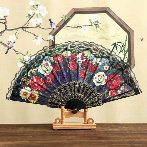 Black pole lace lace fan, plastic female fan, Spanish folding fan, exquisite silk gift fan, dance track