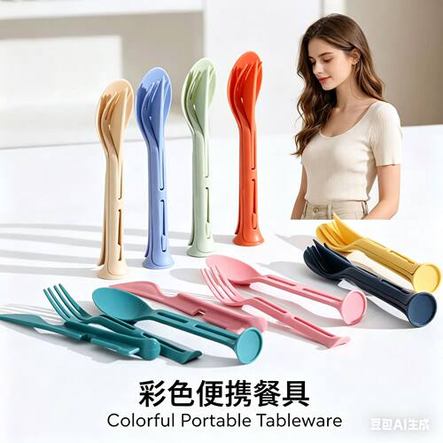 Cross border wheat straw knife, fork, spoon camping set, student outdoor portable and detachable three piece set, verti