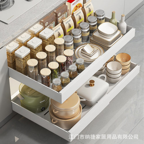 Scalable cabinet, track type pull-out rack, kitchen storage rack, partition, layered rack, cabinet, seasoning pot, uten