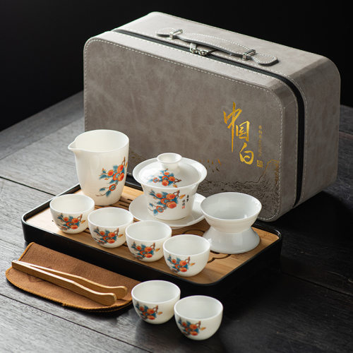 Sheep fat jade white porcelain tea set, complete set of Kung Fu tea set, lid bowl, tea cup, travel tea set, gift box, p