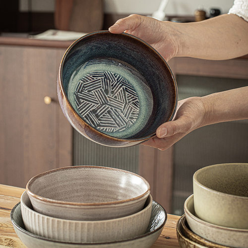 Bowl Collection Retro Solid Color Ceramic Soup Bowl Noodles Bowl Round Fruit Salad Bowl Home Utensils Retro Vegetable B