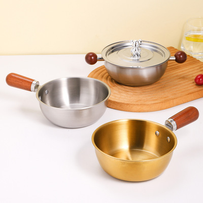 Walnut wood handle stainless steel mini pot instant noodle pot salad bowl baked rice pot complementary food pot milk po