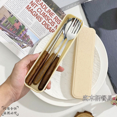 Korean style portable spoon fork chopstick three piece set retro wooden handle stainless steel spoon fork chopstick tab