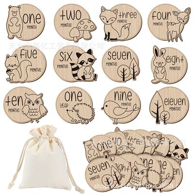 12 wooden baby milestone cards DIY animal logo announcement cards shower gifts wooden art gift boxes solid wood