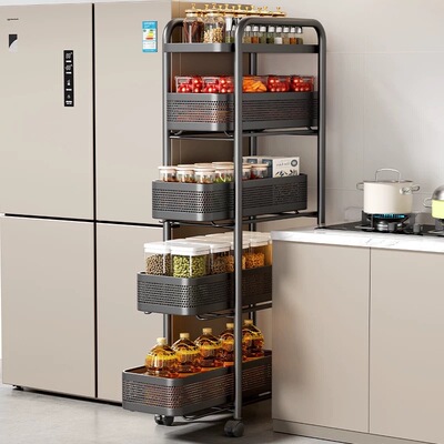 Kitchen crevice shelf, floor standing multifunctional pull-out basket rack, small cart, refrigerator side integrated wa