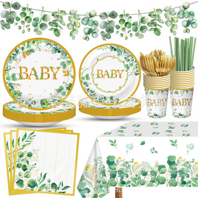 Baby eucalyptus themed party plates, baby showers, disposable paper cups, paper towels, tablecloths, decorations