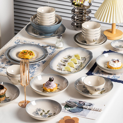 Kangmo KANGMO Premium Lace Dish Set with High Beauty Blue Ceramic Bowl and Plate for Home Use
