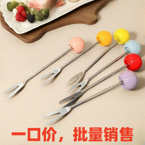 Macaron colored plastic round fruit fork, stainless steel household fruit skewer, dessert fork with ceramic storage jar