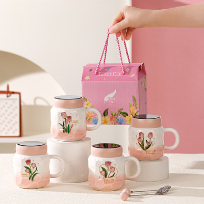 Creative hand drawn tulip mug with lid gift box, large capacity mirror ceramic cup with accompanying hand gift water cup