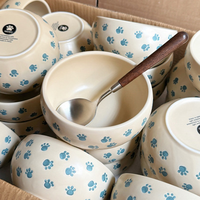 Cute cat footprints, ceramic rice bowl, household underglaze color, heat-resistant dishwasher, microwave tableware, bre