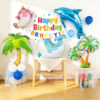 Ocean themed cartoon animals, balloons, baby birthdays, scene decoration, dolphins, whales, sea lions