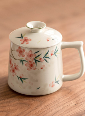 Chinese style peach blossom hand-painted mug with lid, ceramic water cup, tea cup, ladies' high beauty tea separation o
