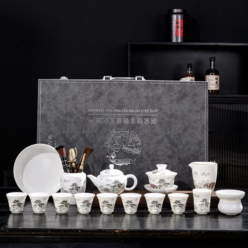 High end Dehua sheep fat jade white porcelain kung fu tea set for home use, ceramic living room tea making, tea cup lid