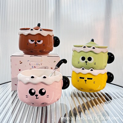 Cute cat ceramic mug with lid, funny stacking cup, high aesthetic value, household drinking cup, birthday gift for peop