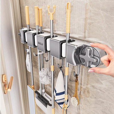 Suction cup mop wall clamp bathroom no drilling strong fixing broom mop storage hook household shelf