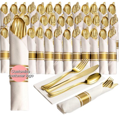 Gold disposable UV plated knife, fork, spoon, dust-free tissue roll tableware set for birthdays, weddings, and parties