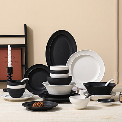 Black and white matte ceramic tableware household bowl and plate set, minimalist style, underglaze color Chaozhou table