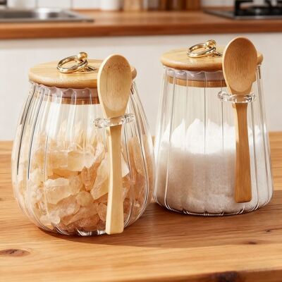 Glass sealed jar with spoon, kitchen brown sugar salt seasoning storage jar, high aesthetic glass storage jar