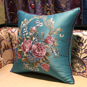 新中式抱枕红木沙发靠垫实木家具靠枕床头靠背垫欧式花朵刺绣枕套