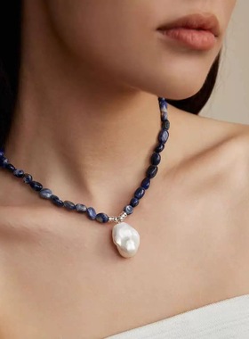 异形青金石天然巴洛克珍珠项链