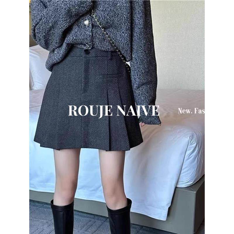 ROUJE NAIVE高腰毛呢半身裙女春秋季显瘦防走光休闲a字百褶短裙子