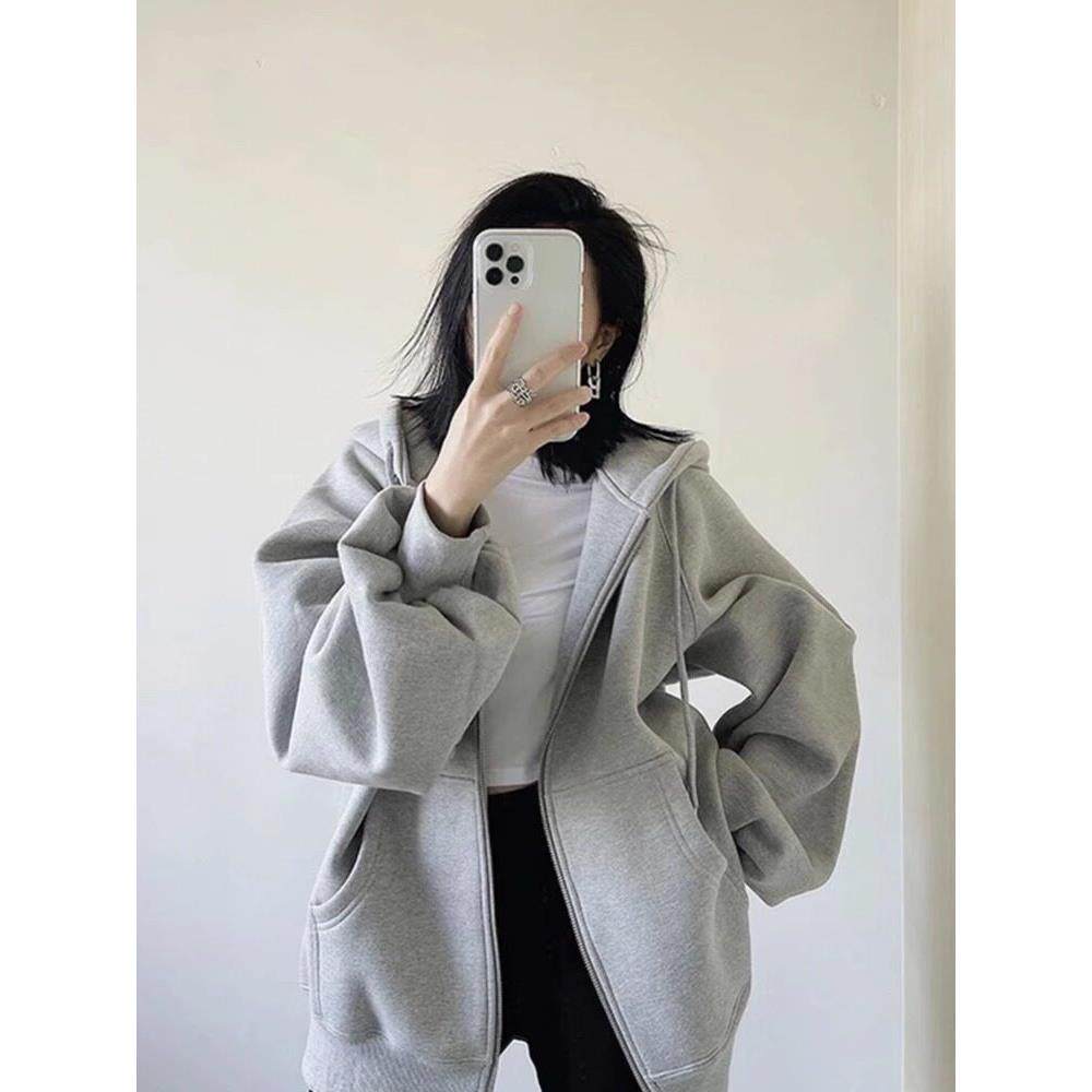 日系春秋灰色连帽卫衣外套女小个子2025年新款休闲慵懒风宽松开衫