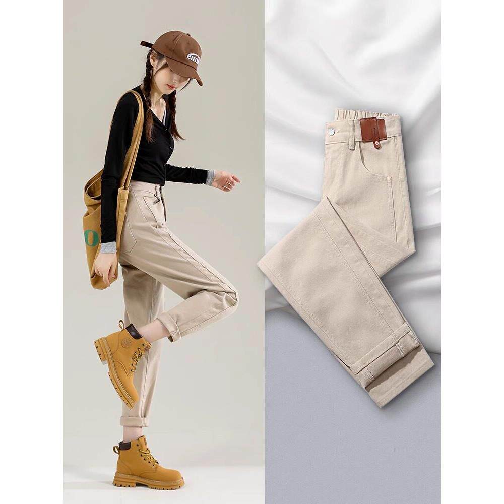 卡其色哈伦牛仔裤女2025春秋新款加绒加厚松紧腰小个子直筒老爹裤
