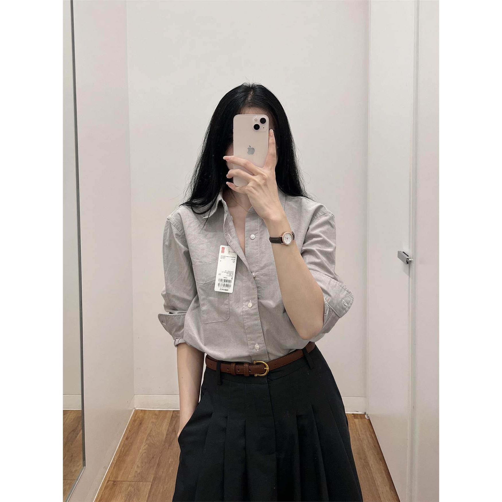 韩国NextMary高级感灰色长袖衬衫女宽松显瘦内搭上衣纯棉翻领衬衣