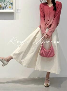 Rouje Damas法式渐变V领毛衣针织开衫女高腰a字半身裙子两件套装