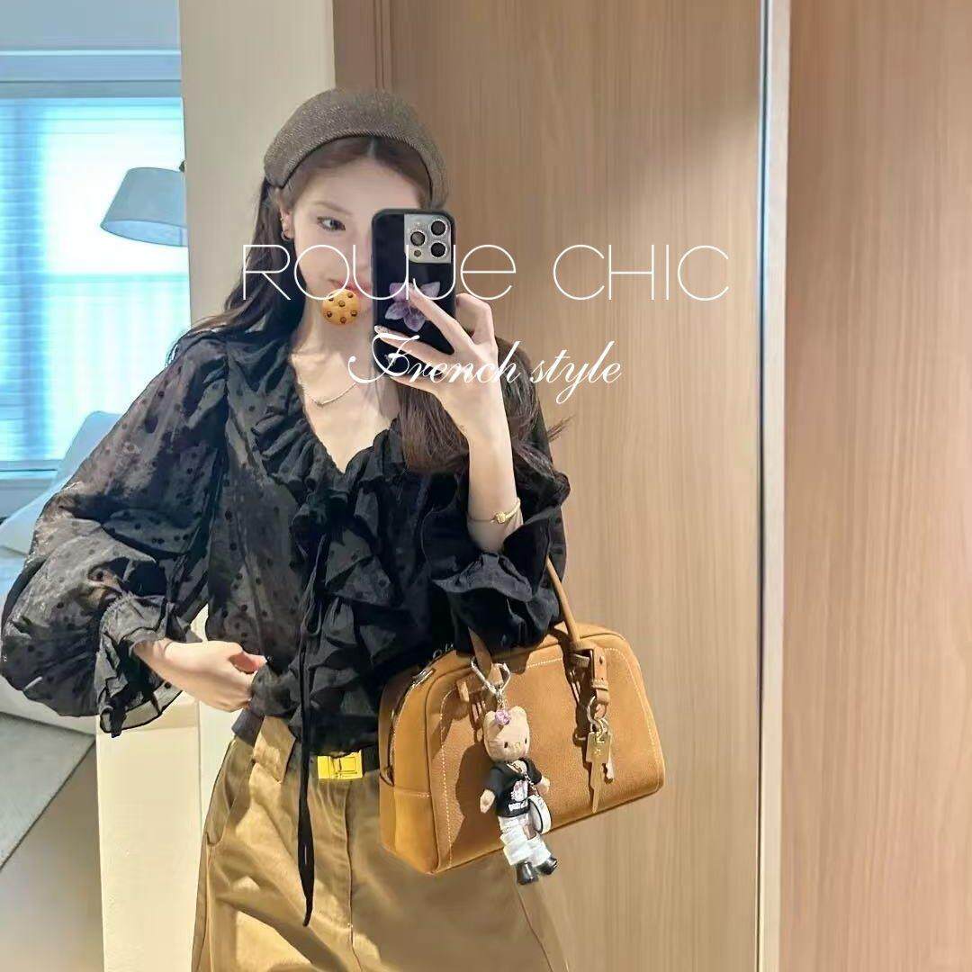 法国rouje chic春季黑色波点荷叶边泡泡袖上衣法式小众薄款衬衫女