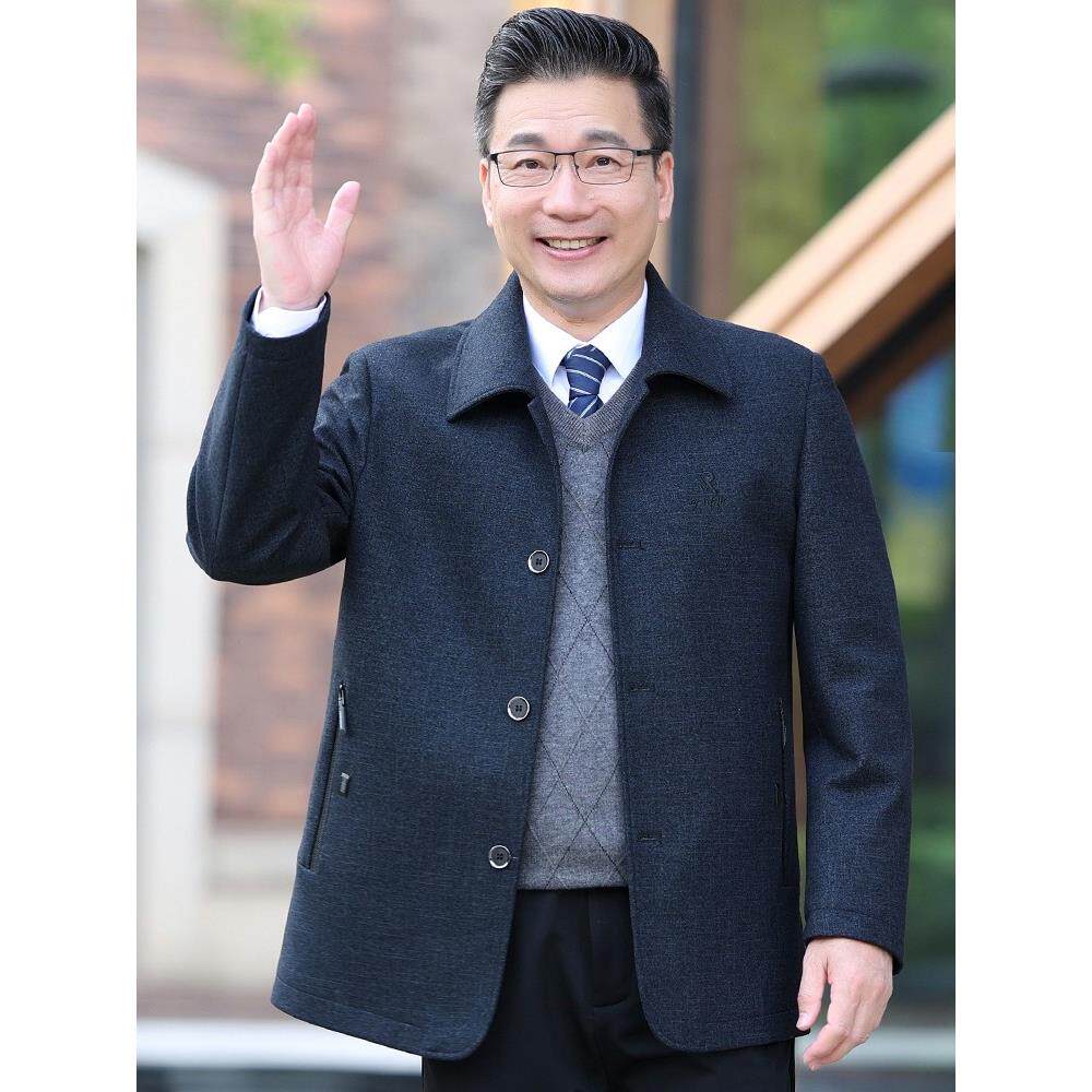 高端夹克男2025春秋款中老年爸爸外套加厚呢子老年人爷爷衣服60岁