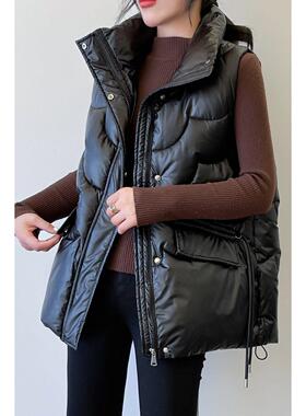 欧洲站黑色羽绒棉马甲女冬季宽松休闲百搭时尚免洗加厚外穿背心潮