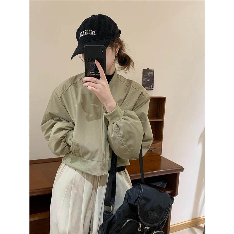 韩国复古时尚棒球服外套女春秋新款高级感小个子圆领短款夹克上衣